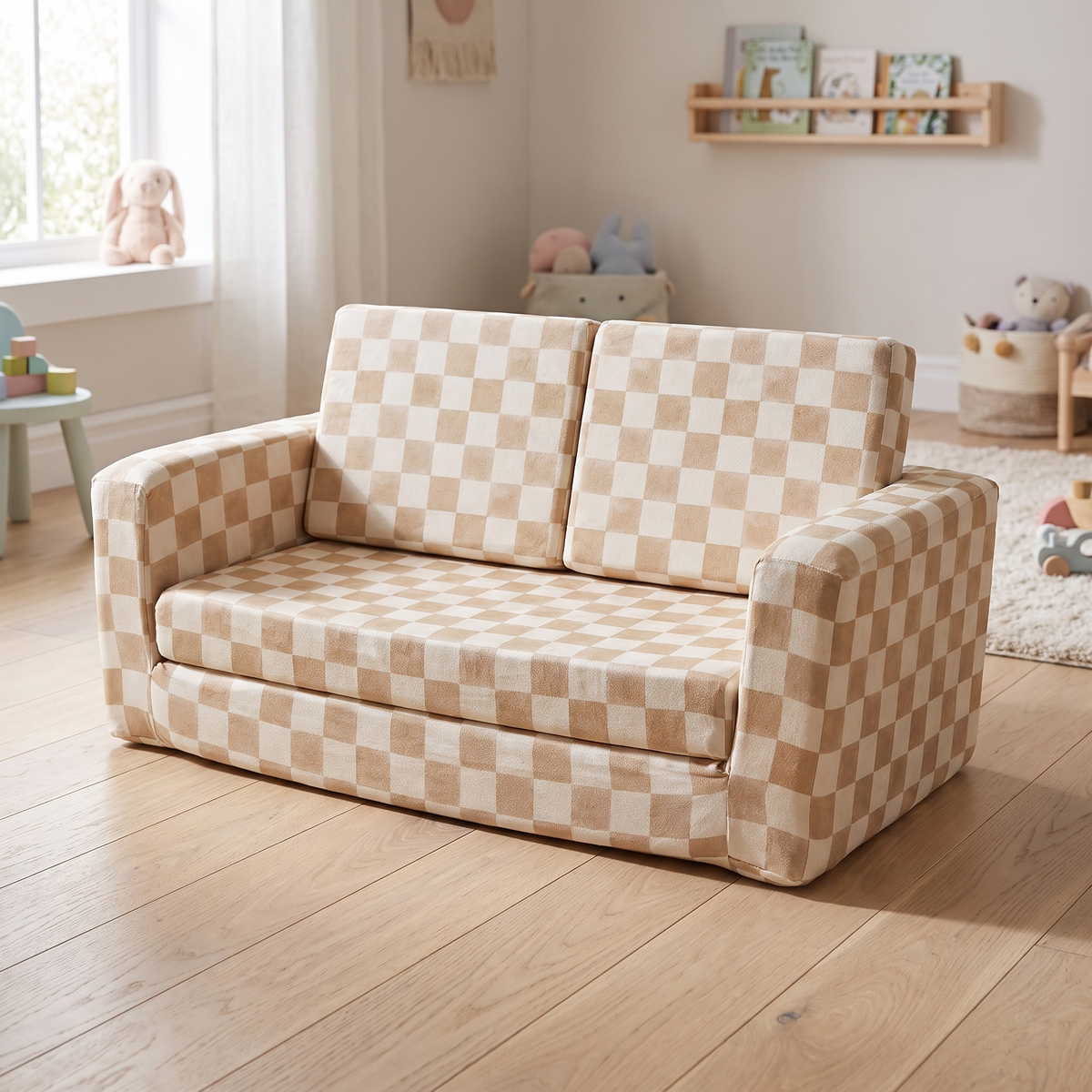 Checker toffee kids play couch set up as a sofa in a bright playroom
