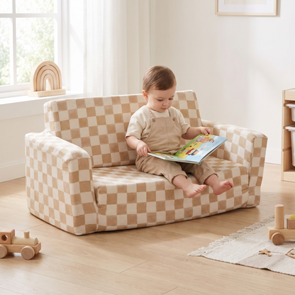 Close-up of the toffee checker cover on the modular play couch