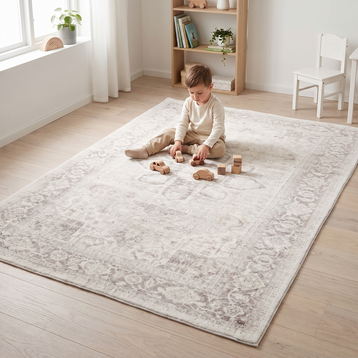 Grey vintage-style washable rug styled in a kids playroom