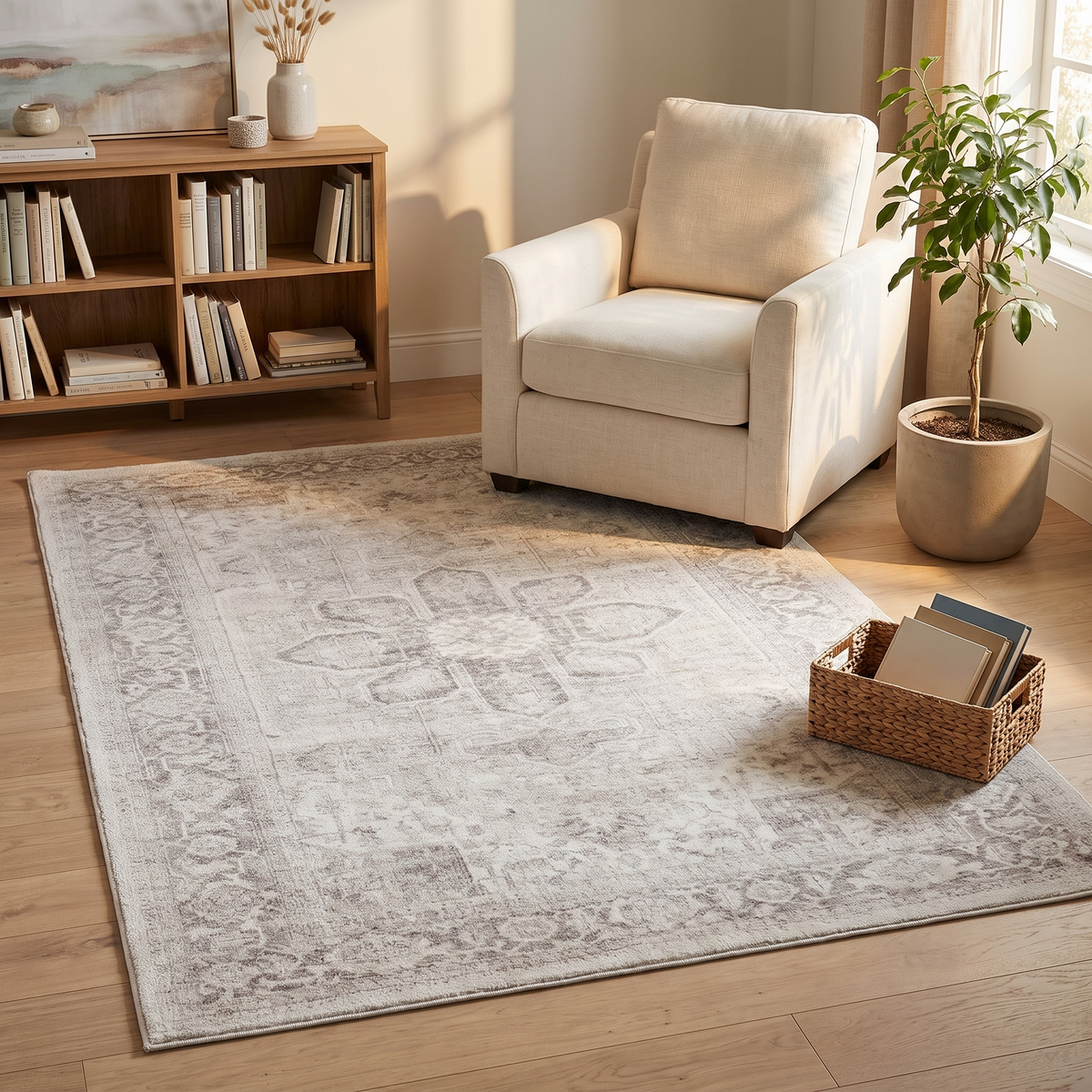 Close-up of distressed pattern and soft pile on grey and cream kids rug