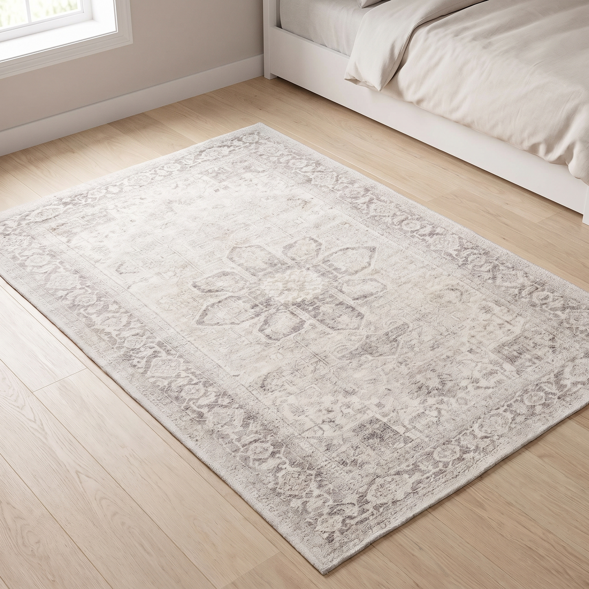 Little Teekie grey and cream distressed washable kids rug in a nursery