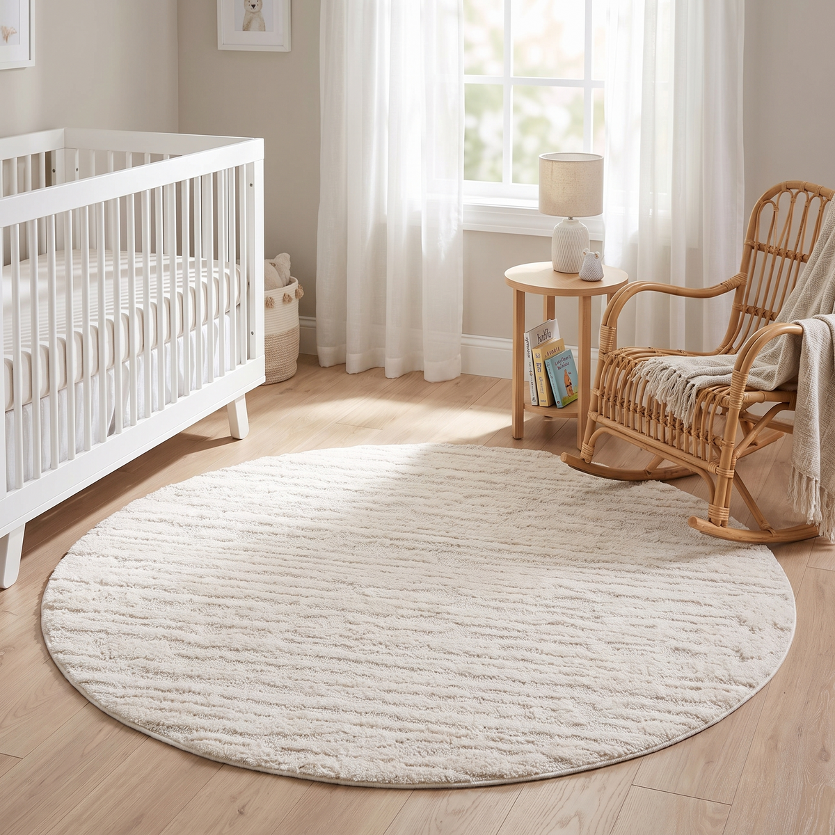 Close-up of high-low pile texture on ivory round rug