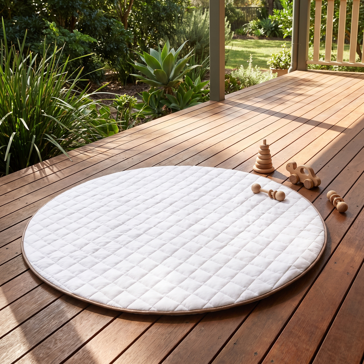 Whisper white round quilted play mat used as a reading corner