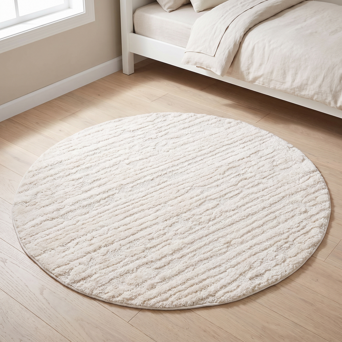Little Teekie ivory cream round textured rug in a nursery