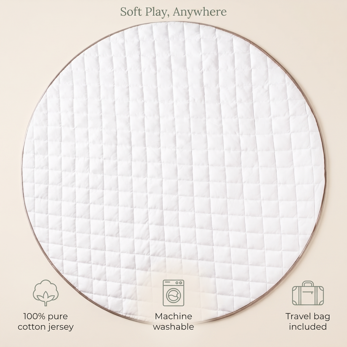 Round white quilted play mat with travel bag styled in a neutral nursery