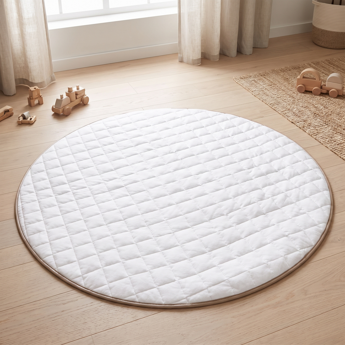Whisper white round quilted cotton baby play mat with leatherette border on a nursery floor