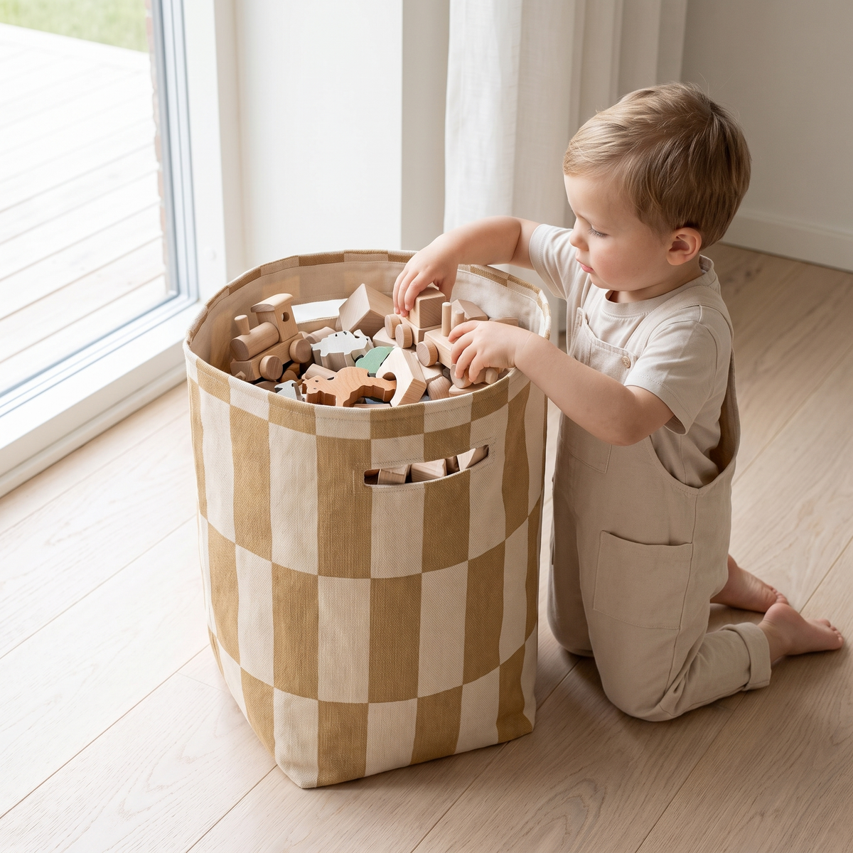 Mustard tile storage basket filled with soft toys in a kids playroom