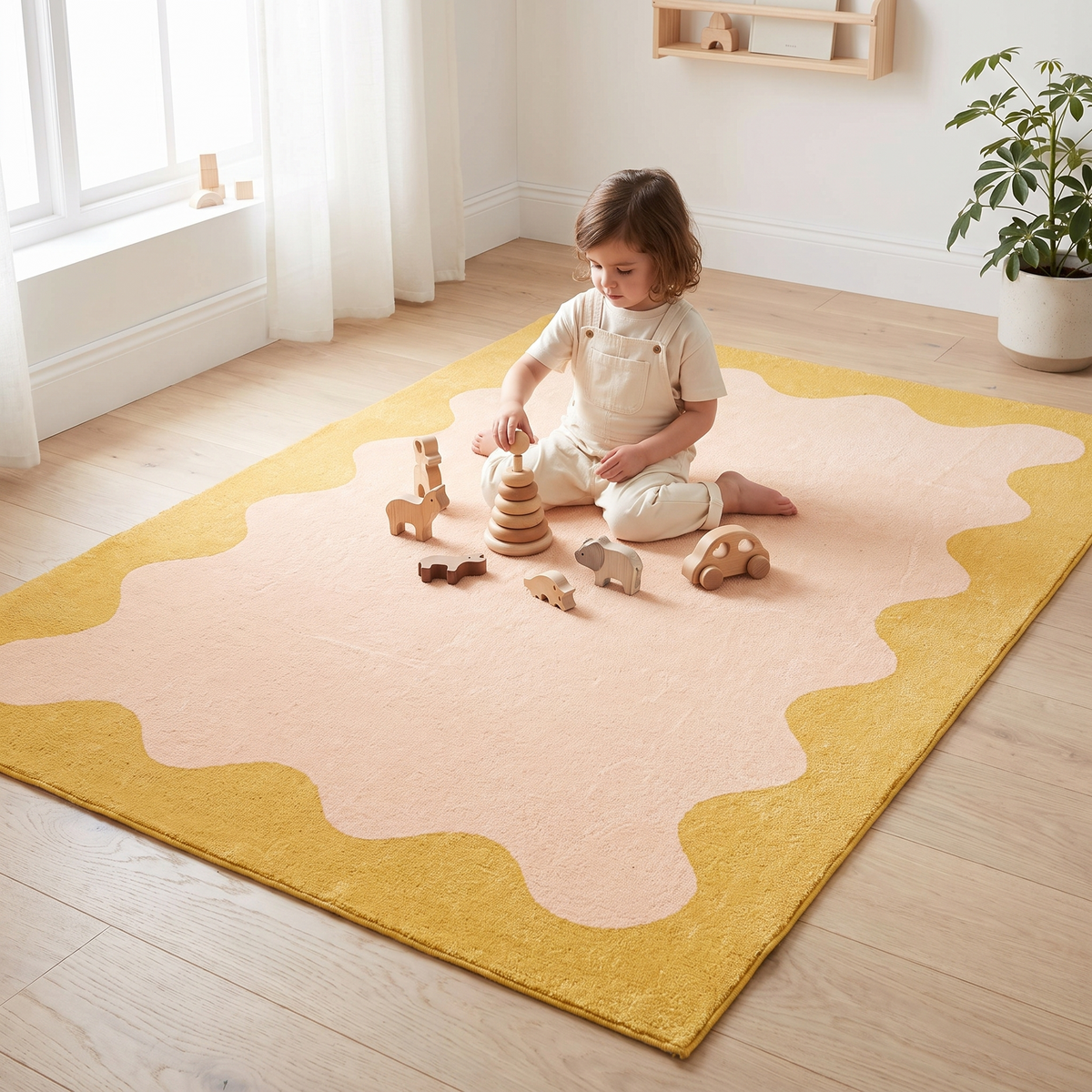 Pink and yellow washable rug styled in a child's bedroom