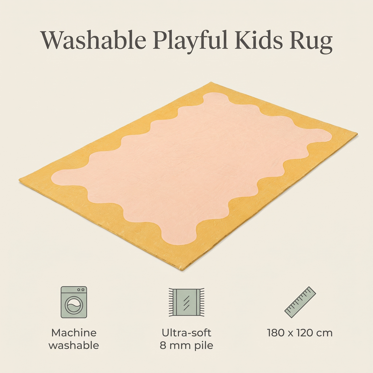 Pink and yellow kids rug in a bright nursery with toys