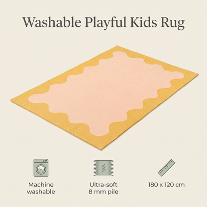 Pink and yellow kids rug in a bright nursery with toys