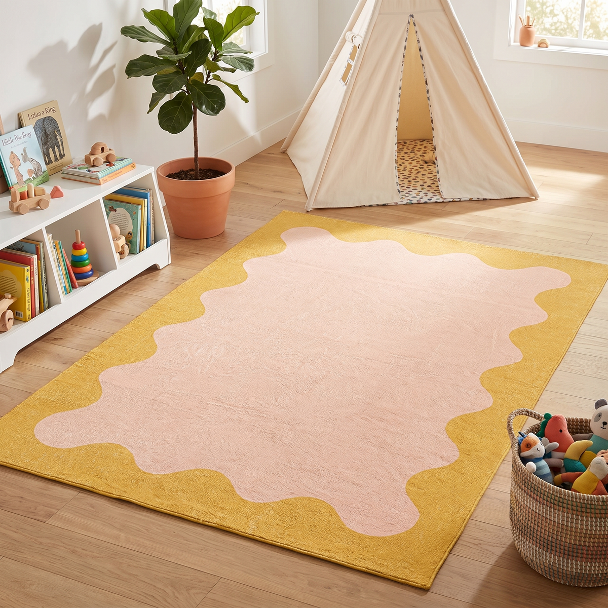 Close-up of wiggly border and plush pile on pink kids rug