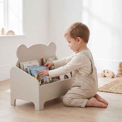 Bear face kids book rack in pebble styled in a playroom reading corner