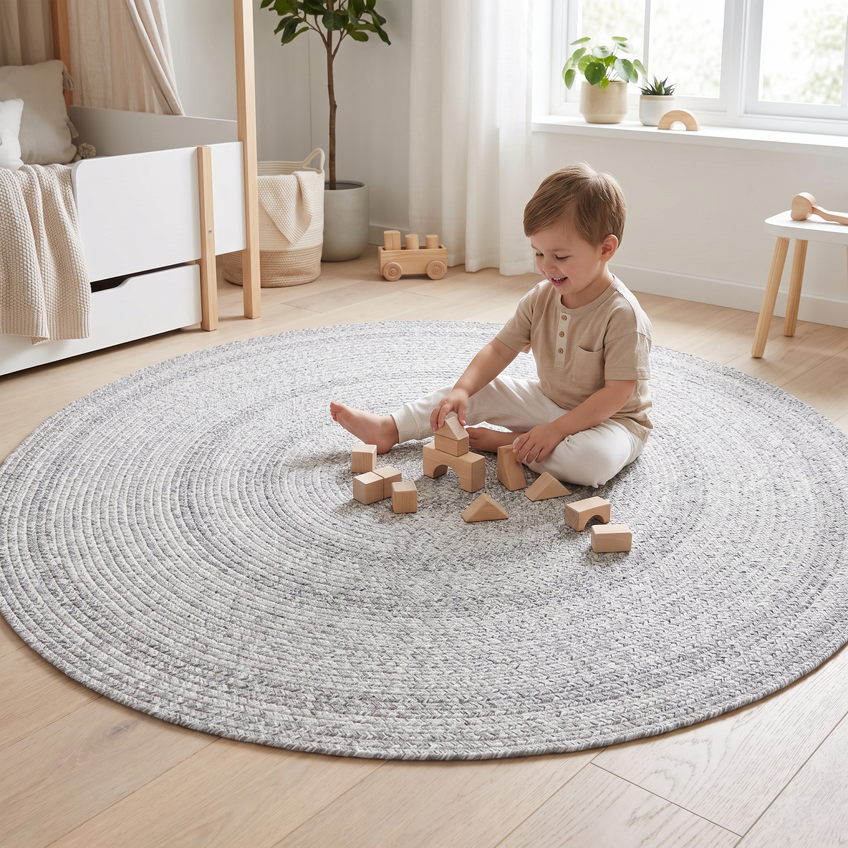Grey braided round rug styled in a nursery beneath a cot