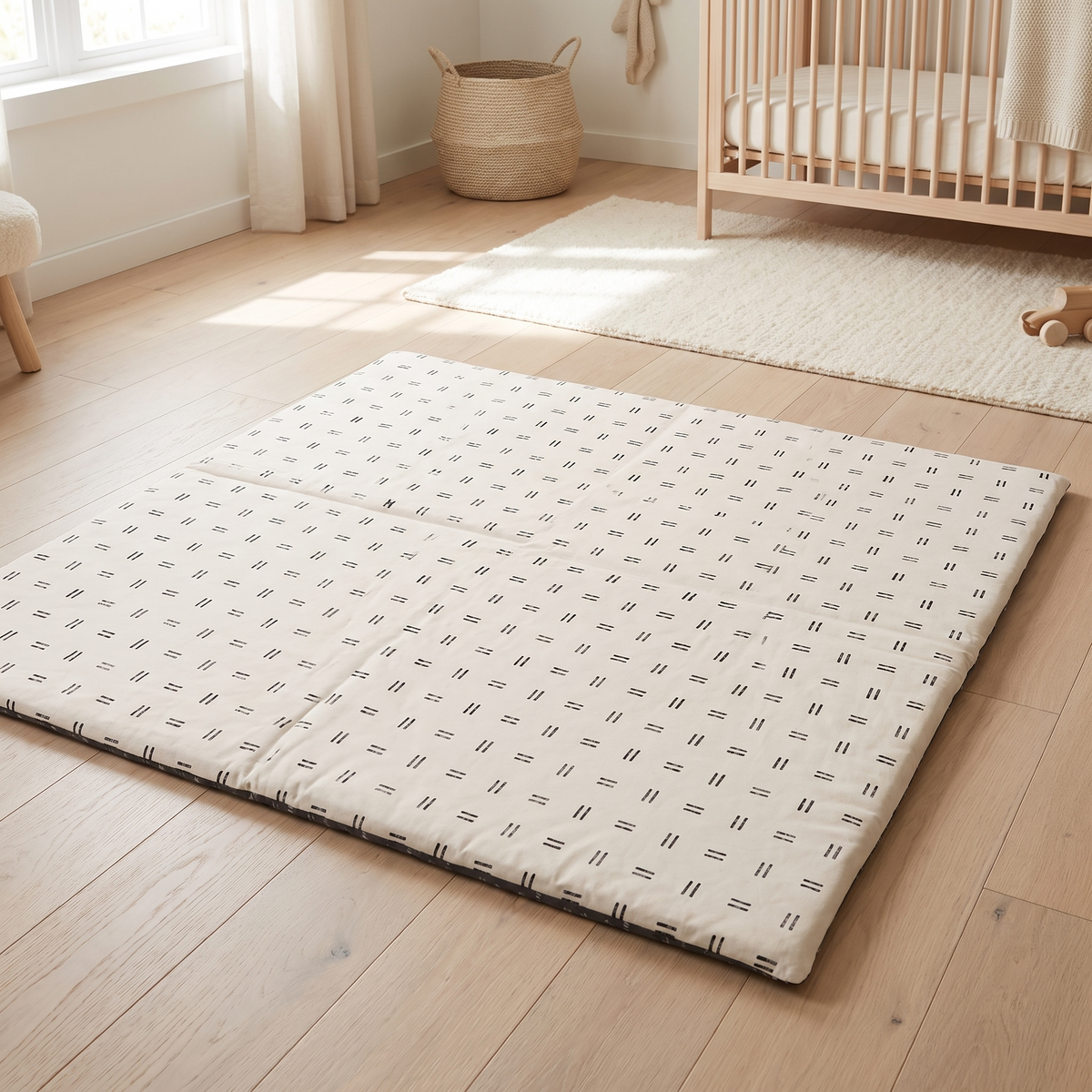 Mudcloth print organic cotton padded play mat on a living room floor