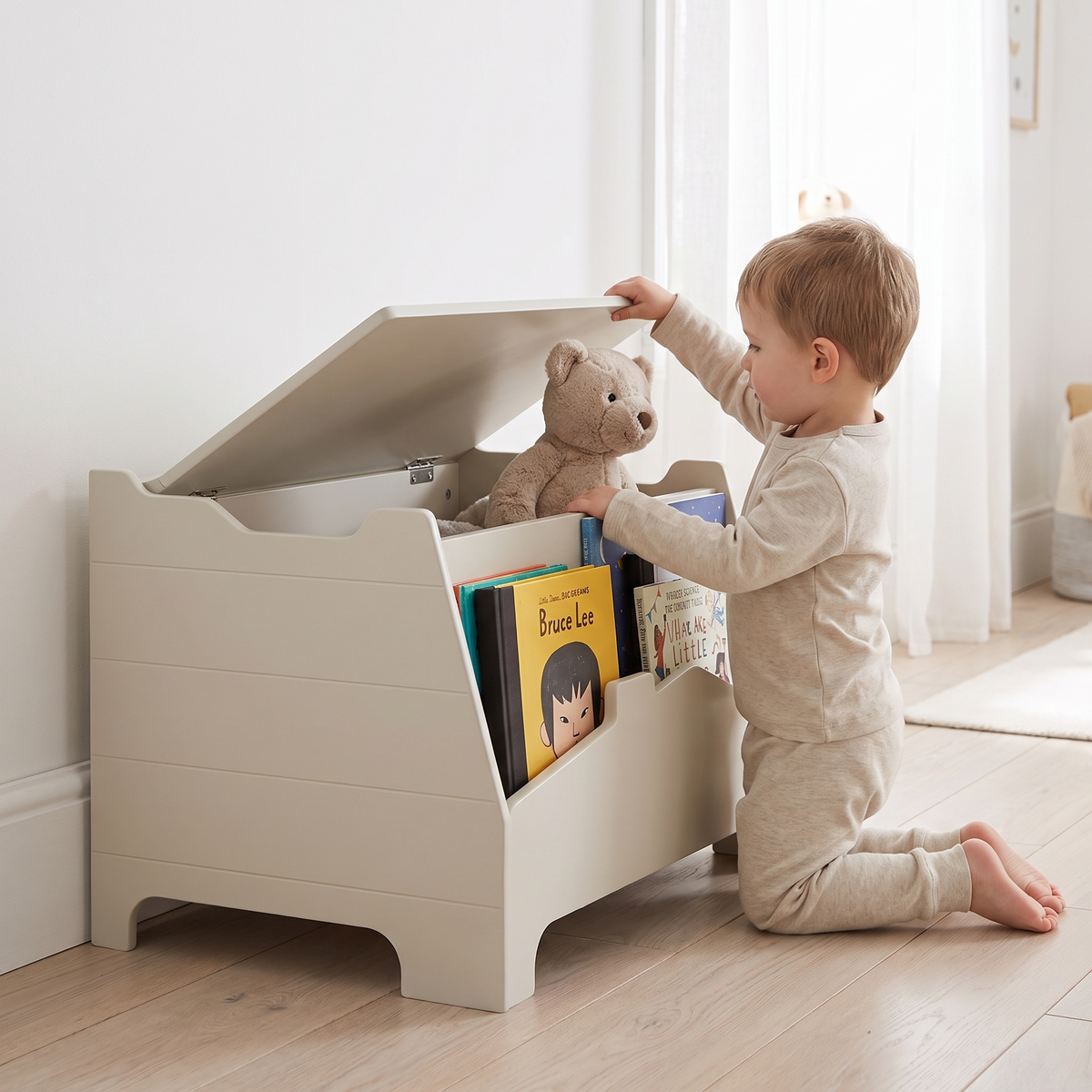 House-shaped toy storage box in pebble filled with soft toys