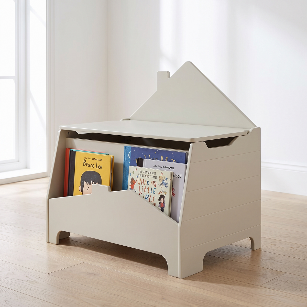 Little Teekie pebble house-shaped kids toy storage box in a playroom