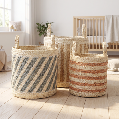 Little Teekie set of 3 hand-woven maize storage baskets with blue and rust stripes in a nursery