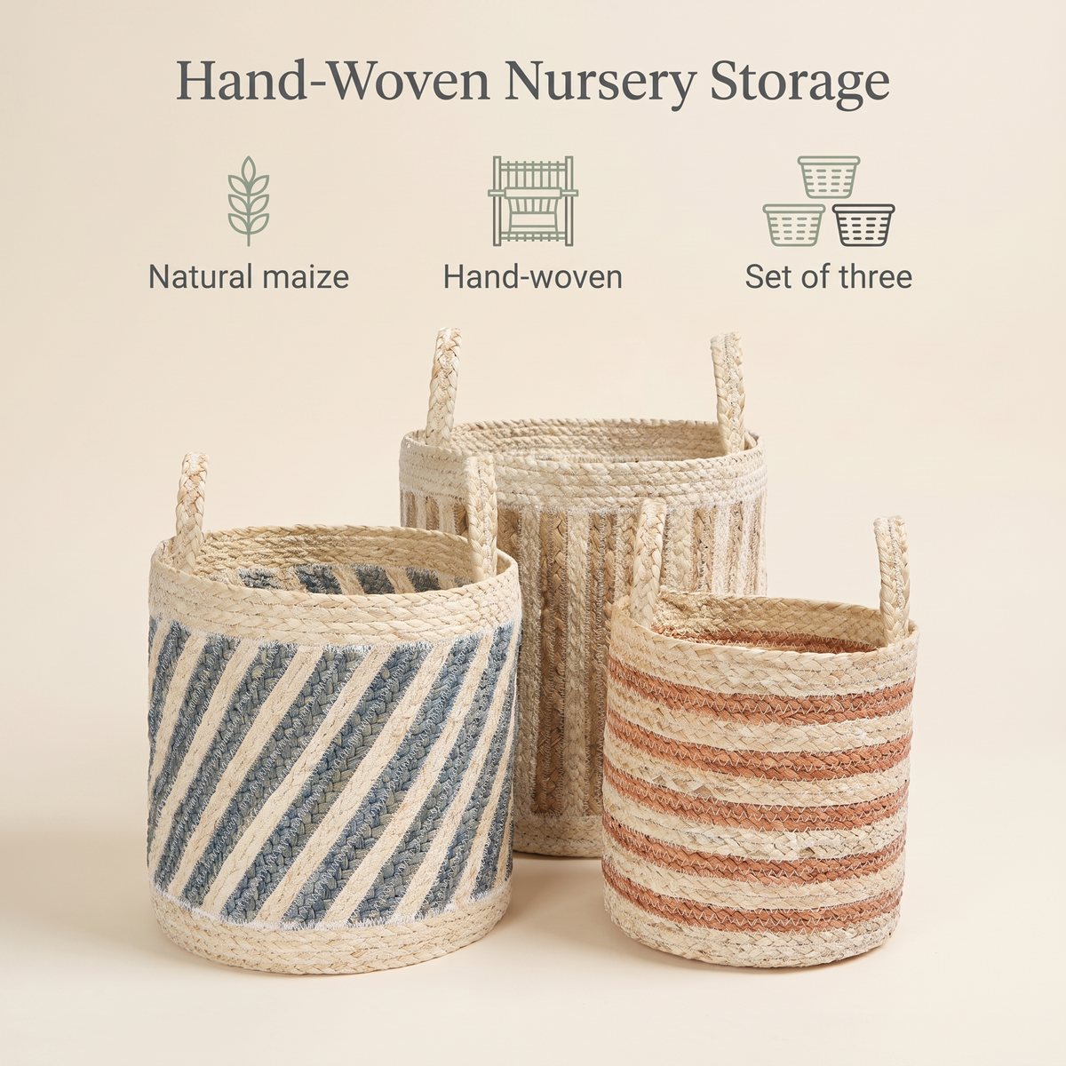 Natural maize storage basket set styled on a shelf in a kids bedroom
