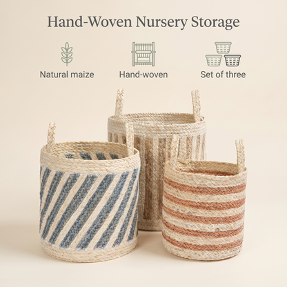 Natural maize storage basket set styled on a shelf in a kids bedroom