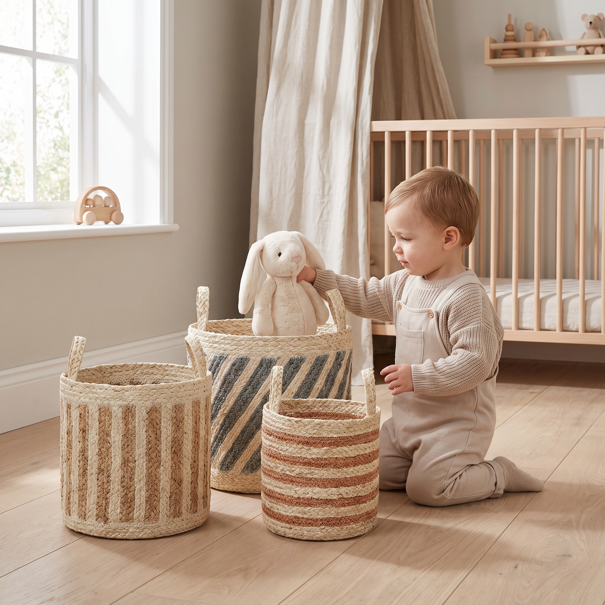 Three natural striped woven baskets holding toys and blankets in a playroom