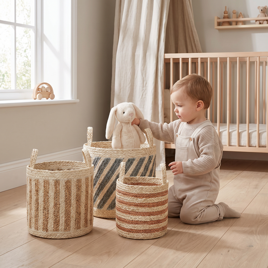 Three natural striped woven baskets holding toys and blankets in a playroom