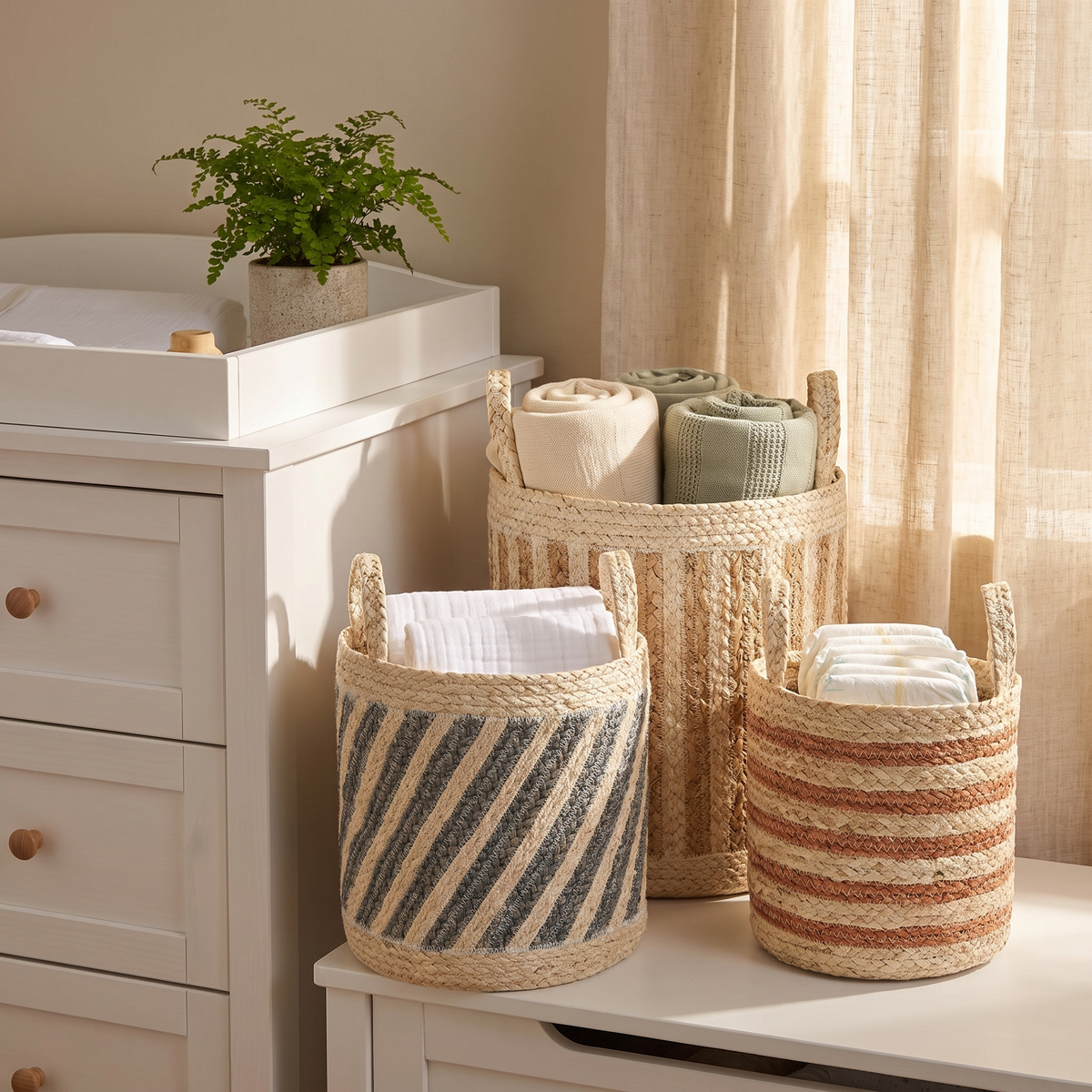 Close-up of hand-woven maize weave and stripe detail on storage basket