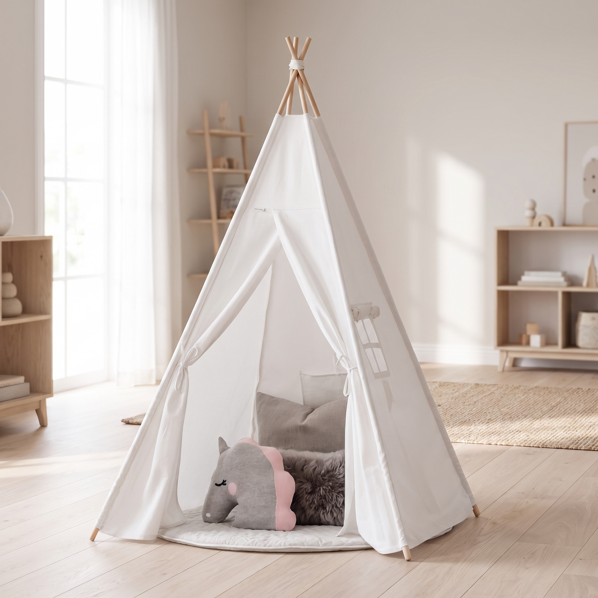 White cotton canvas kids teepee play tent set up in a bright bedroom