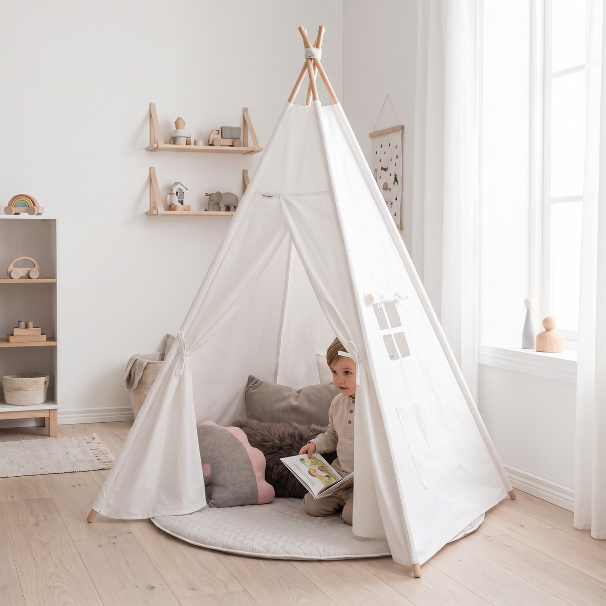 Close-up of the white cotton canvas and poles on the kids teepee