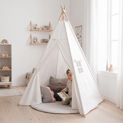 Close-up of the white cotton canvas and poles on the kids teepee