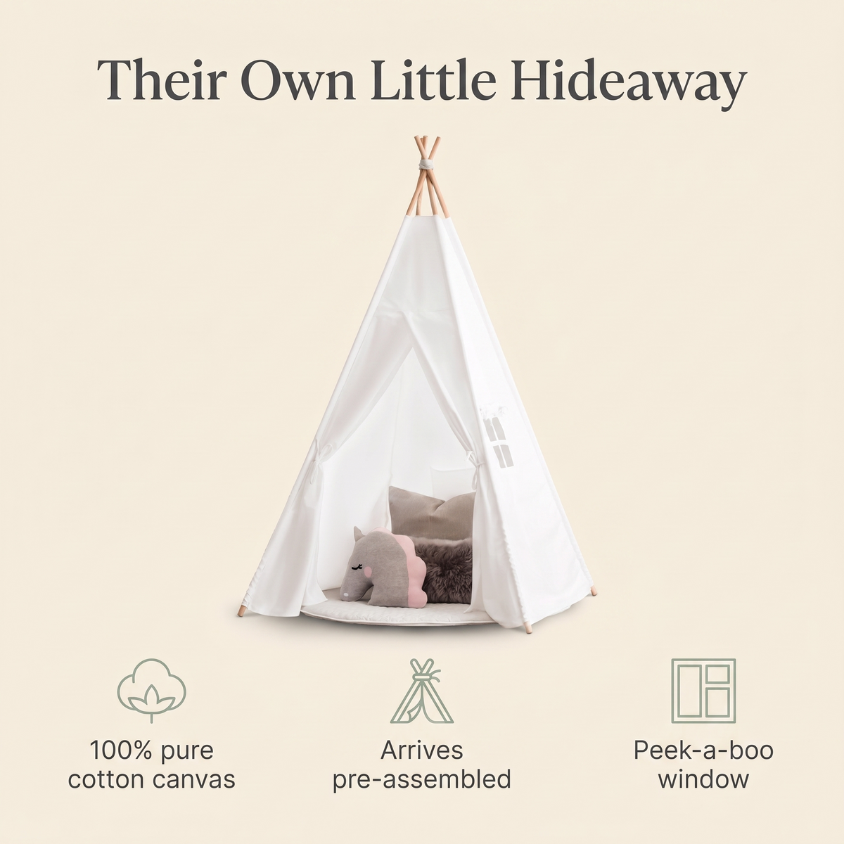 White canvas kids teepee in a neutral playroom