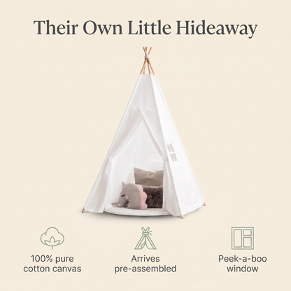 White canvas kids teepee in a neutral playroom