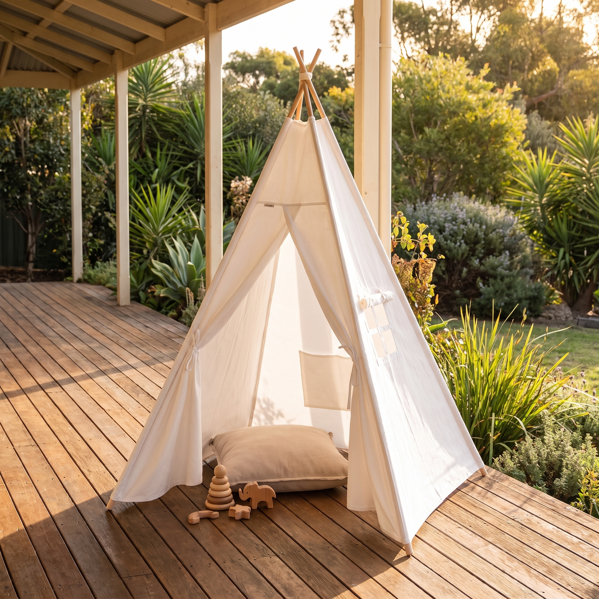 White teepee tent styled as a kids reading nook with cushions