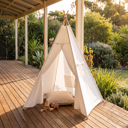 White teepee tent styled as a kids reading nook with cushions