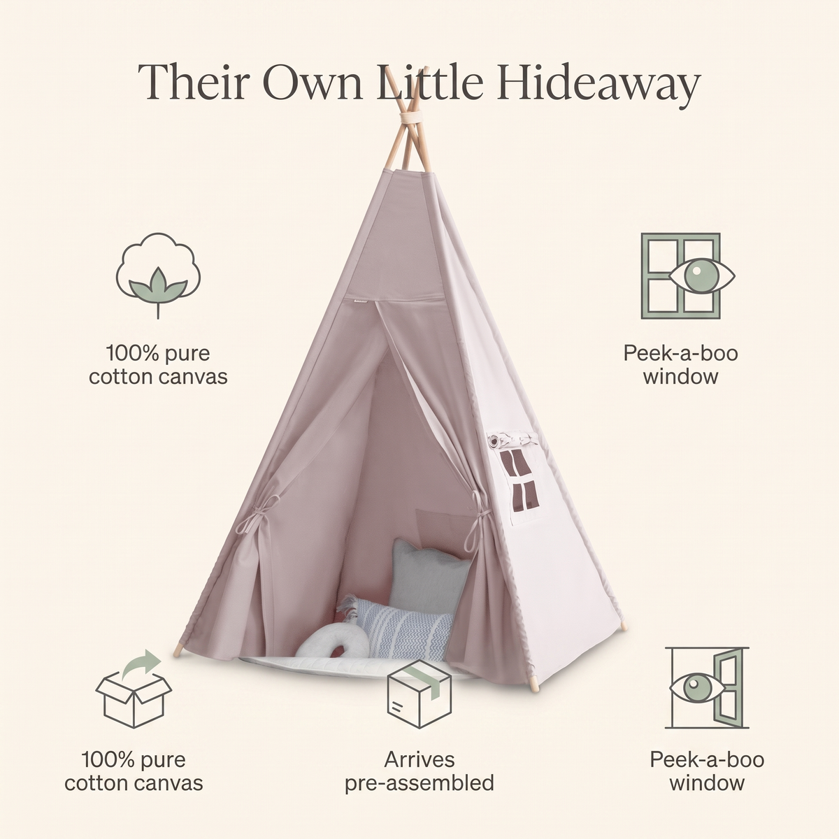 Grey canvas kids teepee in a neutral playroom