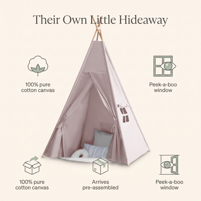 Grey canvas kids teepee in a neutral playroom