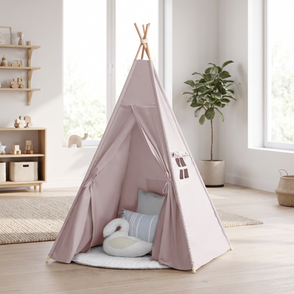 Grey cotton canvas kids teepee play tent set up in a bright bedroom