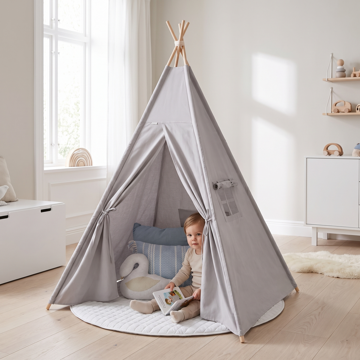 Close-up of the grey cotton canvas and poles on the kids teepee