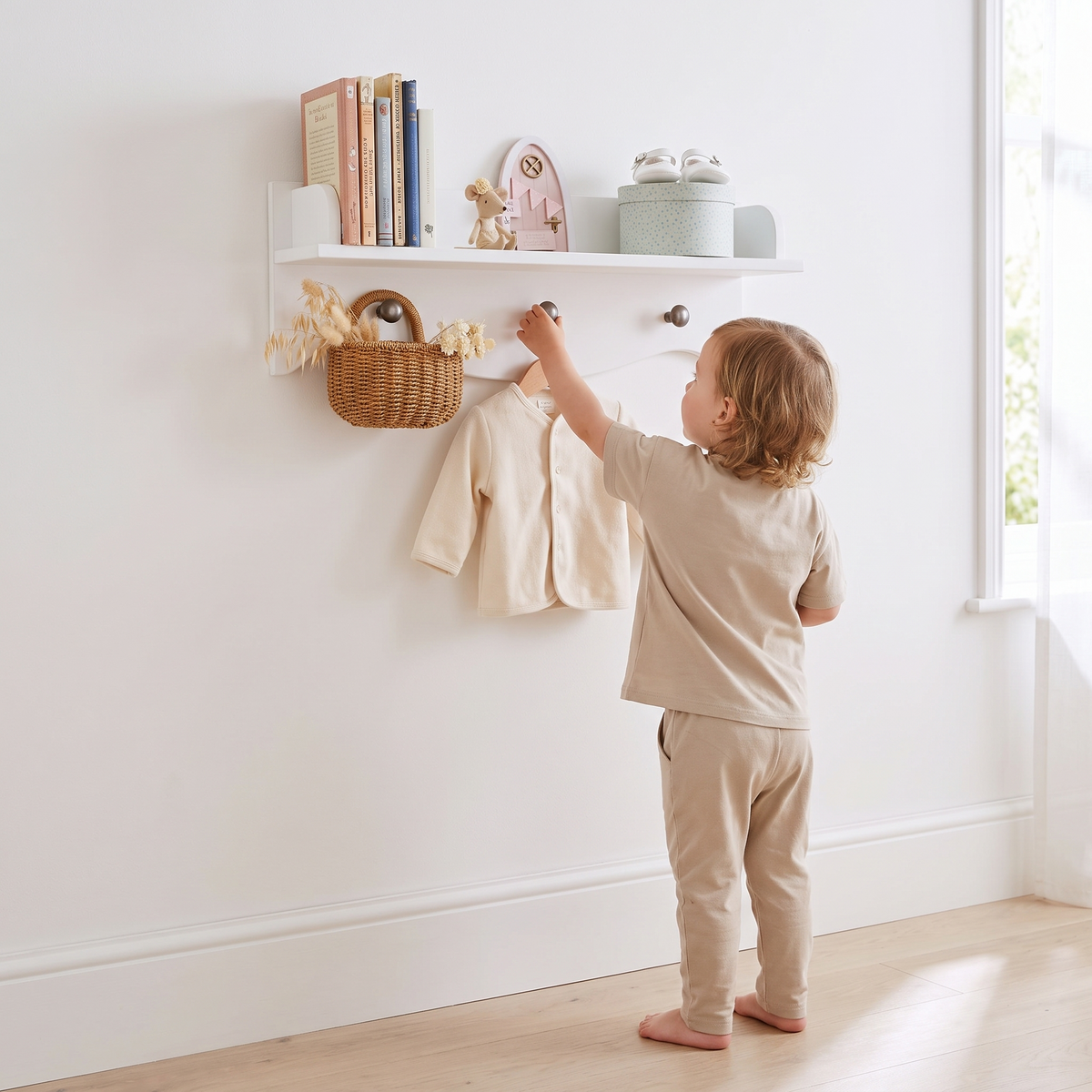 White kids wall shelf with pegs mounted above a change table in a nursery