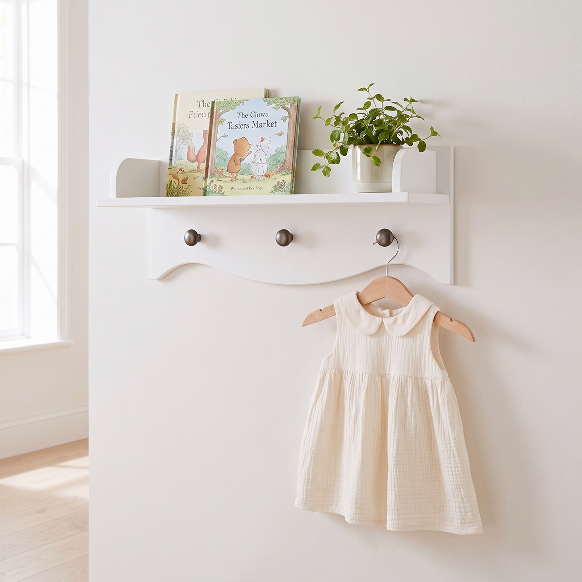 Little Teekie white nursery wall shelf with three hanging pegs styled with books and a robe