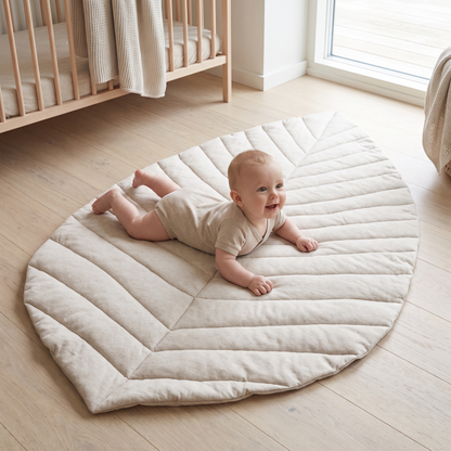 Close-up of the soft oat cotton jersey and leaf stitching on the play mat