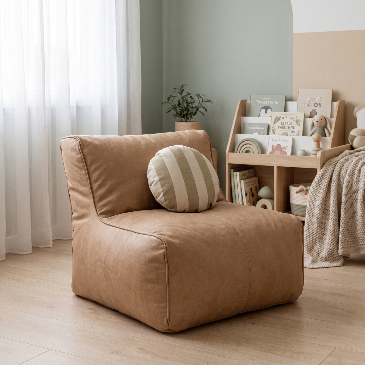 Little Teekie Kids Bean Bag Lounger Cover | Vegan Leather Cube 60cm – Tan – lifestyle hero