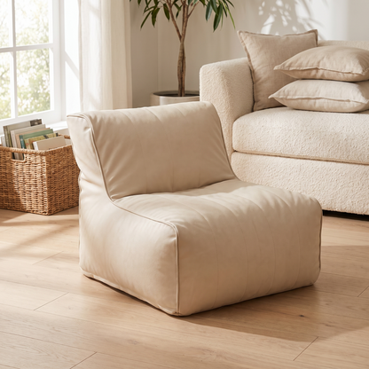 Little Teekie Kids Bean Bag Lounger Cover | Vegan Leather Cube 60cm – Ecru – lifestyle hero