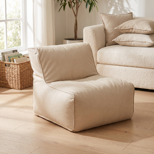 Little Teekie Kids Bean Bag Lounger Cover | Vegan Leather Cube 60cm – Ecru – lifestyle hero