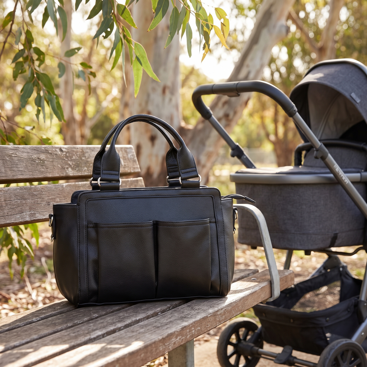 Little Teekie Convertible Pram Caddy | Vegan Leather, Insulated Bottle Pockets – Black – lifestyle hero
