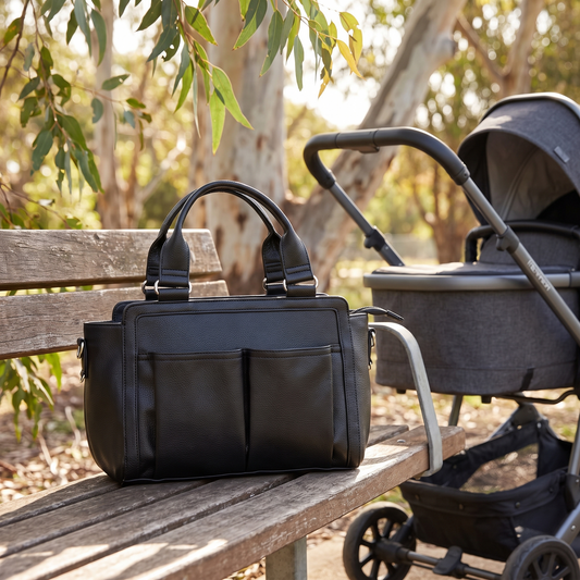Little Teekie Convertible Pram Caddy | Vegan Leather, Insulated Bottle Pockets – Black – lifestyle hero