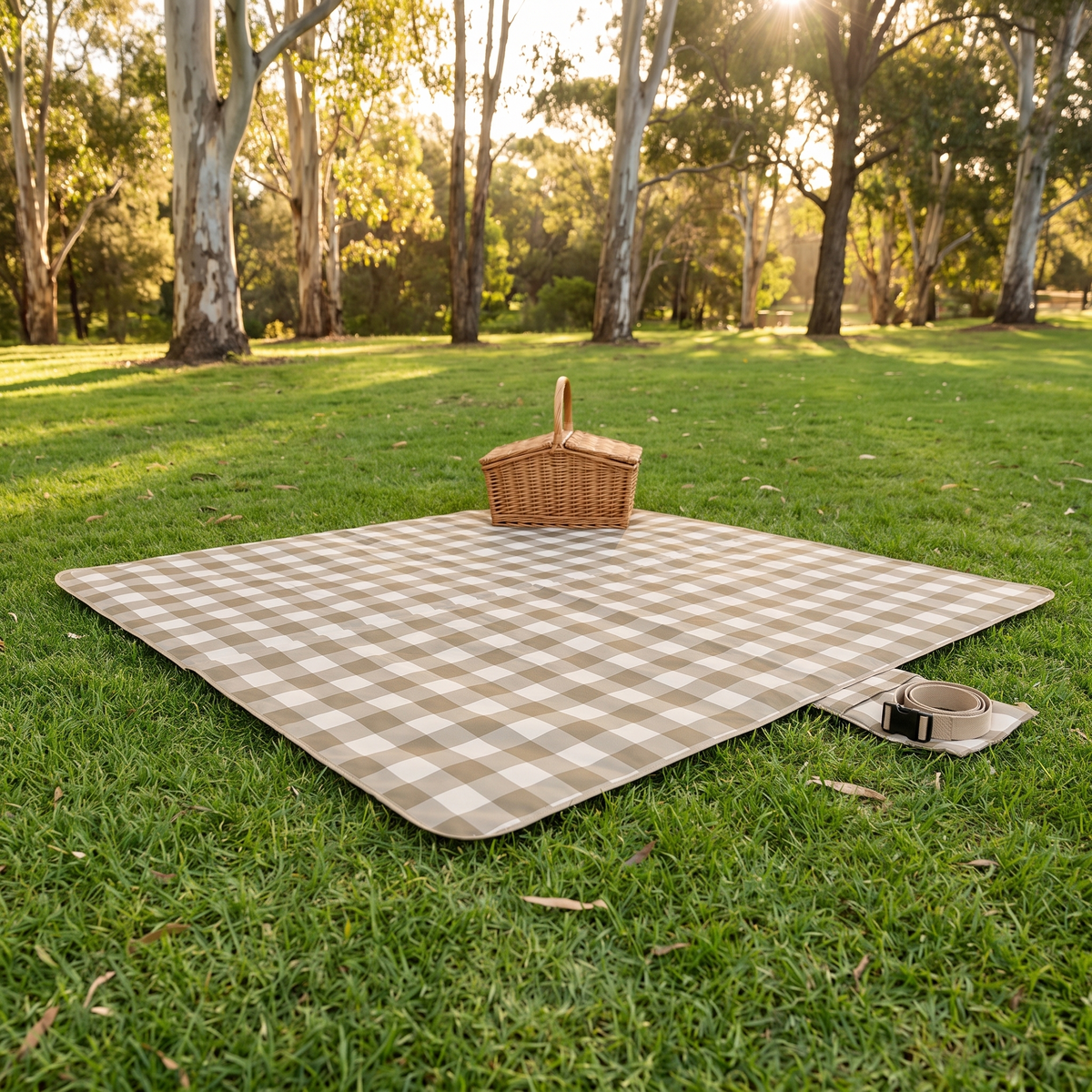 Little Teekie Waterproof Picnic Rug | Roll-Up 2x2m with Carry Strap – Olive Check – lifestyle hero