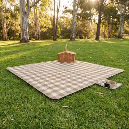 Little Teekie Waterproof Picnic Rug | Roll-Up 2x2m with Carry Strap – Olive Check – lifestyle hero