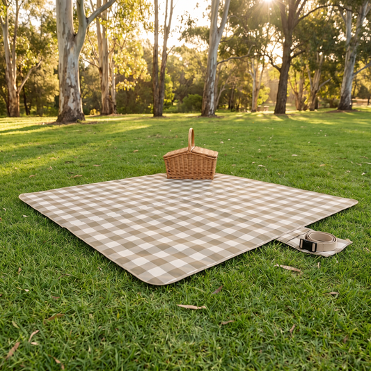 Little Teekie Waterproof Picnic Rug | Roll-Up 2x2m with Carry Strap – Olive Check – lifestyle hero