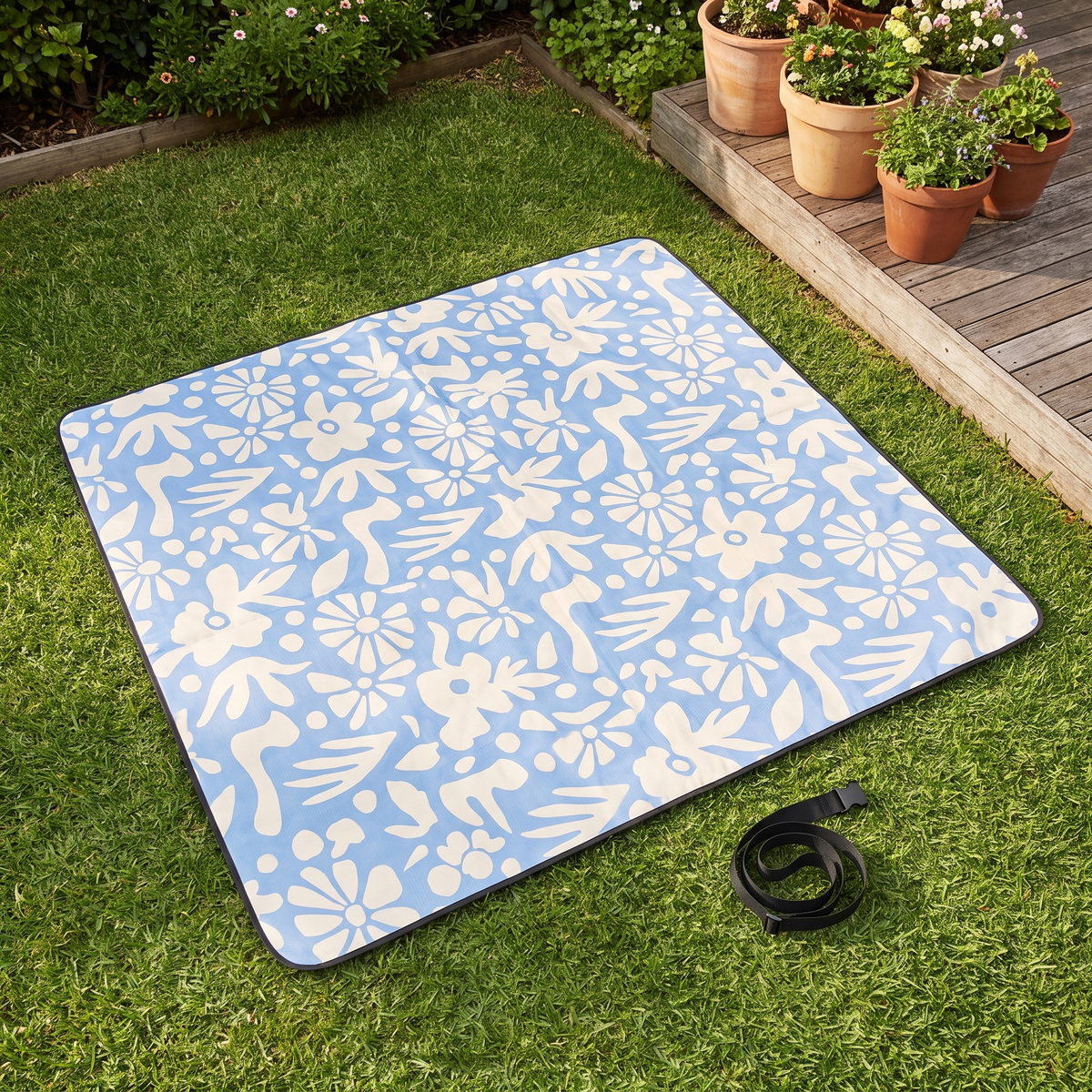 Little Teekie Waterproof Picnic Rug | Roll-Up 2x2m with Foam Lining – Butter Blue Check – lifestyle hero