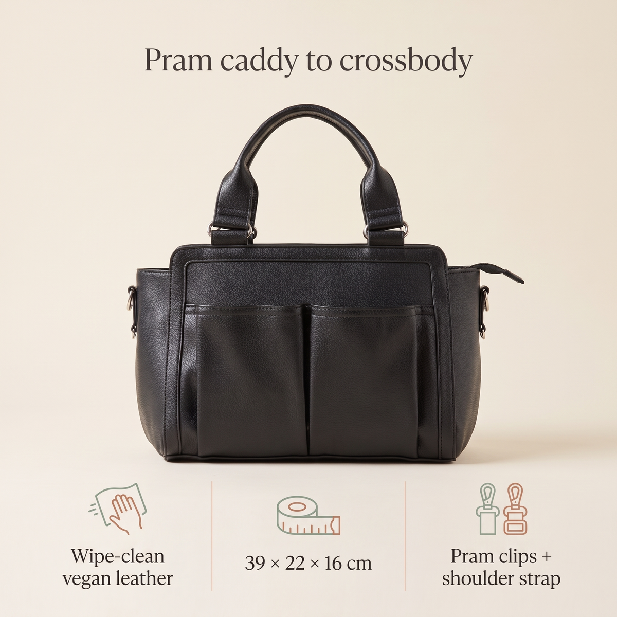 Little Teekie Convertible Pram Caddy | Vegan Leather, Insulated Bottle Pockets – Black – key features